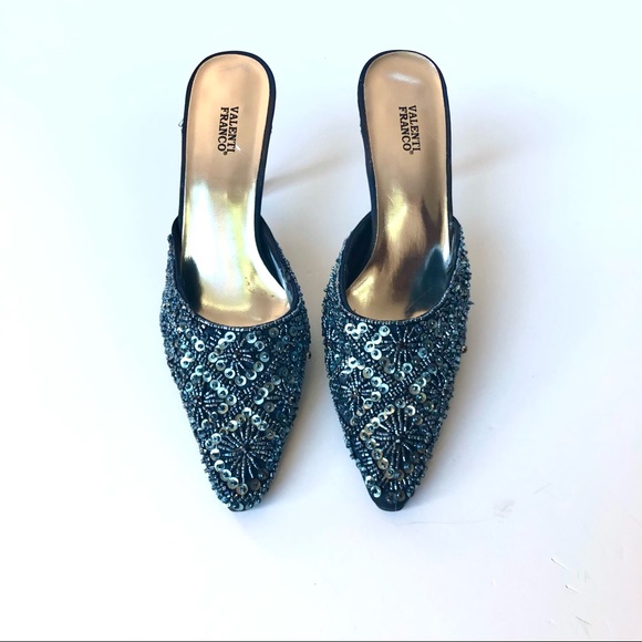 Valenti Franco Ruffles Blue Sequin Mule Heels - Picture 6 of 12